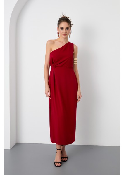 Kadın Bordo Tek Omuz Midi Elbise