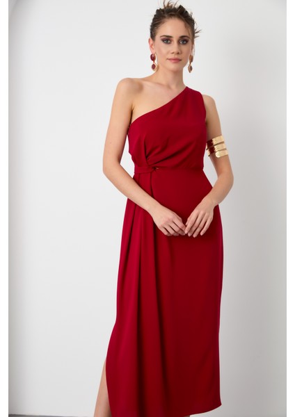 Kadın Bordo Tek Omuz Midi Elbise fiyatları