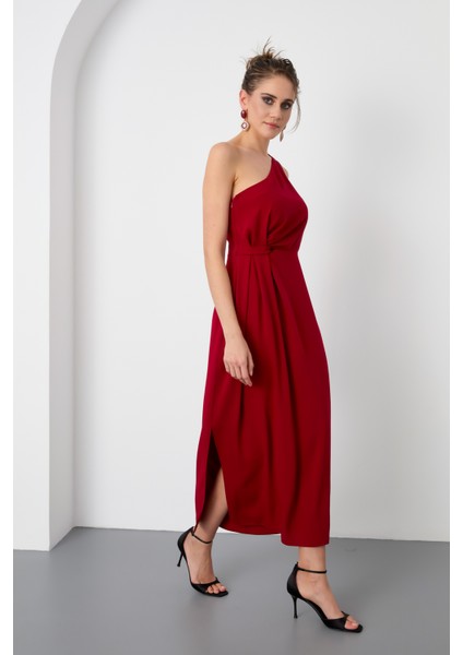 Kadın Bordo Tek Omuz Midi Elbise modelleri