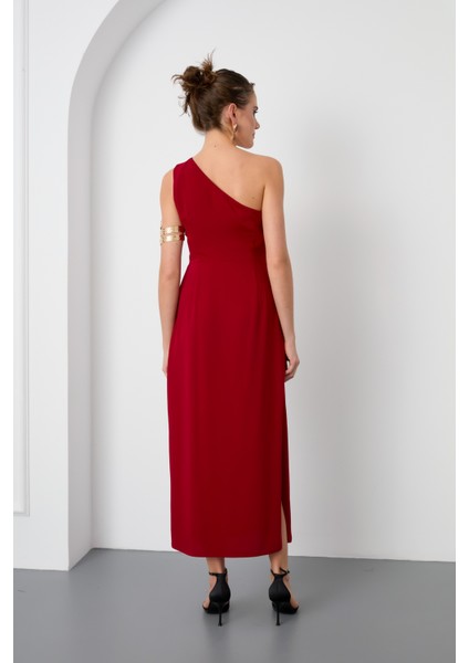 Kadın Bordo Tek Omuz Midi Elbise indirimleri