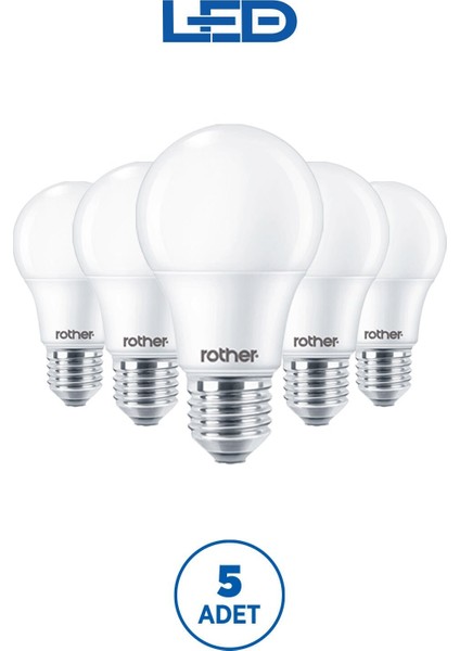 RTL01113-5 Rother A60 LED Ampul 9W E27 810 Lümen 4000K Gün Işığı Enerji Tasarruflu Ampul 5 Adet