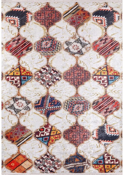 Montreal Bej Patchwork Etnik Modern Desenli Makinada Yıkanabilir Hav Toz Vermez Leke Tutmayan Kaymaz Taban Dijital Makine Baskı Salon Yolluk Mutfak Halı