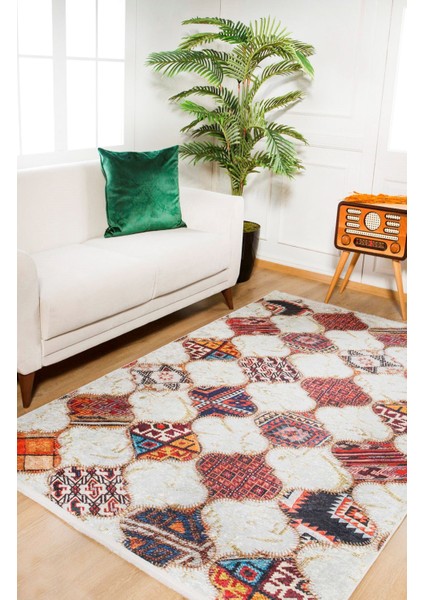 Montreal Bej Patchwork Etnik Modern Desenli Makinada Yıkanabilir Hav Toz Vermez Leke Tutmayan Kaymaz Taban Dijital Makine Baskı Salon Yolluk Mutfak Halı fırsatları