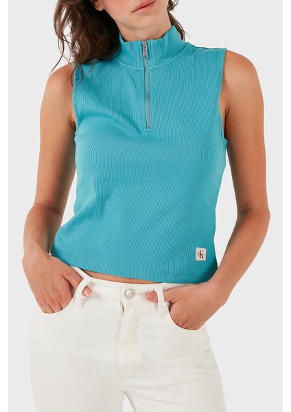 Pamuklu Slim Fit Fermuarlı Dik Yaka Logolu Top LV047C909GXEG Bayan Top LV047C909G Xeg