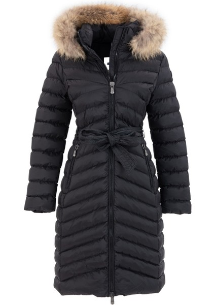 Kadın Siyah Uzun Çıkarılabilir Kürk Kapüşonlu Dolgulu Bel Kemerli Su Itici Şişme Mont 8529 fırsatları
