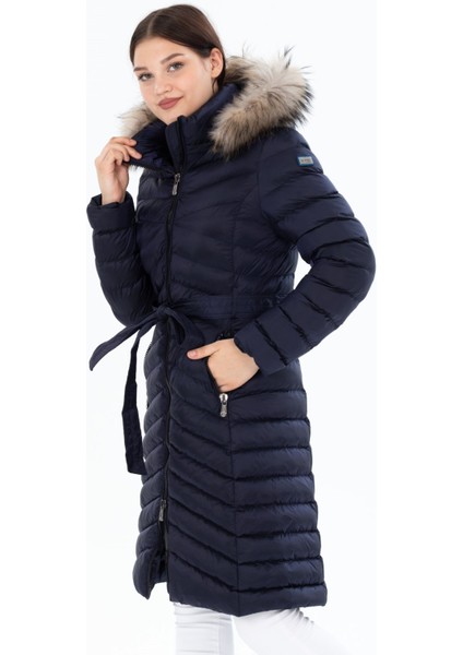 Kadın Lacivert Uzun Çıkarılabilir Kürk Kapüşonlu Dolgulu Bel Kemerli Su Itici Şişme Mont 8529 fiyatları