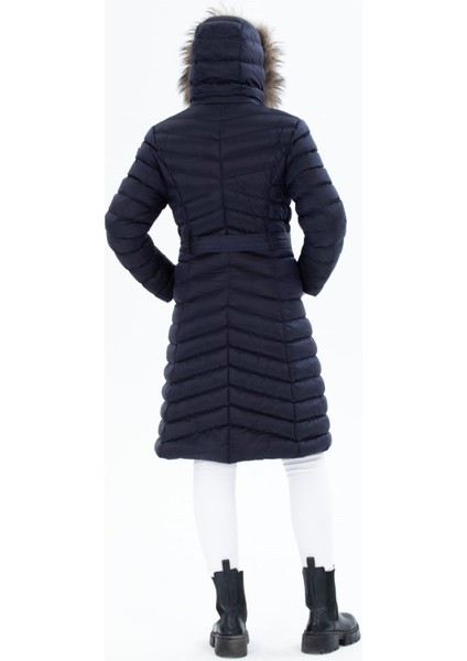 Kadın Lacivert Uzun Çıkarılabilir Kürk Kapüşonlu Dolgulu Bel Kemerli Su Itici Şişme Mont 8529 modelleri