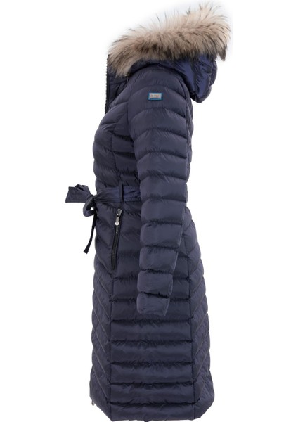 Kadın Lacivert Uzun Çıkarılabilir Kürk Kapüşonlu Dolgulu Bel Kemerli Su Itici Şişme Mont 8529