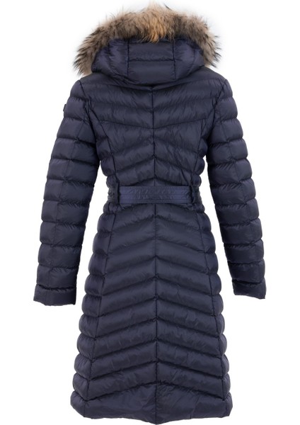 Kadın Lacivert Uzun Çıkarılabilir Kürk Kapüşonlu Dolgulu Bel Kemerli Su Itici Şişme Mont 8529