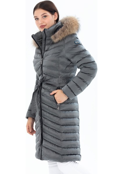 Kadın Gri Uzun Çıkarılabilir Kürk Kapüşonlu Dolgulu Bel Kemerli Su Itici Şişme Mont 8529 fiyatları