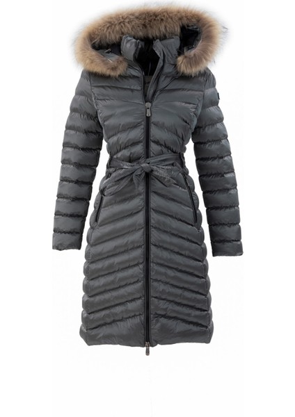 Kadın Gri Uzun Çıkarılabilir Kürk Kapüşonlu Dolgulu Bel Kemerli Su Itici Şişme Mont 8529 fırsatları