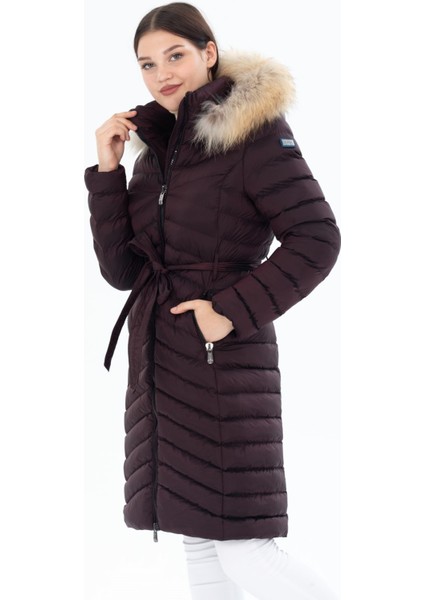 Kadın Bordo Uzun Çıkarılabilir Kürk Kapüşonlu Dolgulu Bel Kemerli Su Itici Şişme Mont 8529 fiyatları