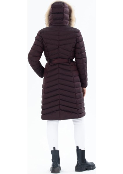 Kadın Bordo Uzun Çıkarılabilir Kürk Kapüşonlu Dolgulu Bel Kemerli Su Itici Şişme Mont 8529 modelleri
