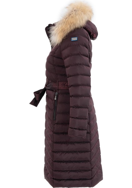 Kadın Bordo Uzun Çıkarılabilir Kürk Kapüşonlu Dolgulu Bel Kemerli Su Itici Şişme Mont 8529