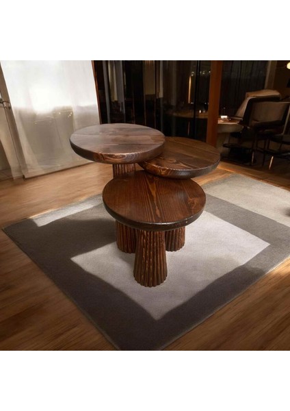 Kestane Renk Masif Ahşap Mantar Sehpa 3’lü Set – Doğal Zigon Fiskos Takımı