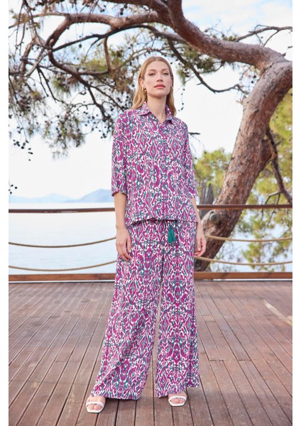 Kadın Desenli Önü Düğmeli Gömlek Yaka Alt Üst Takım 25017