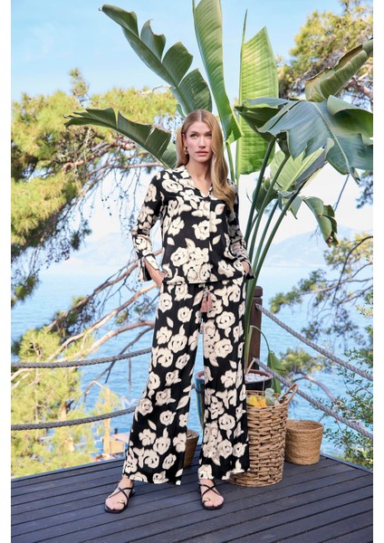 Kadın Desenli Önü Düğmeli Uzun Kollu Gömlek Yaka Alt Üst Takım 25060