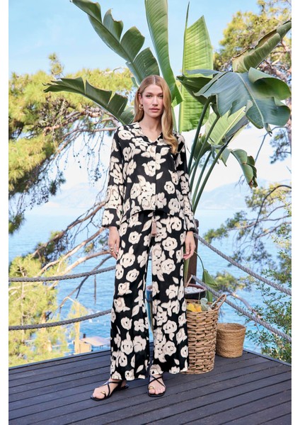 Kadın Desenli Önü Düğmeli Uzun Kollu Gömlek Yaka Alt Üst Takım 25060 fırsatları