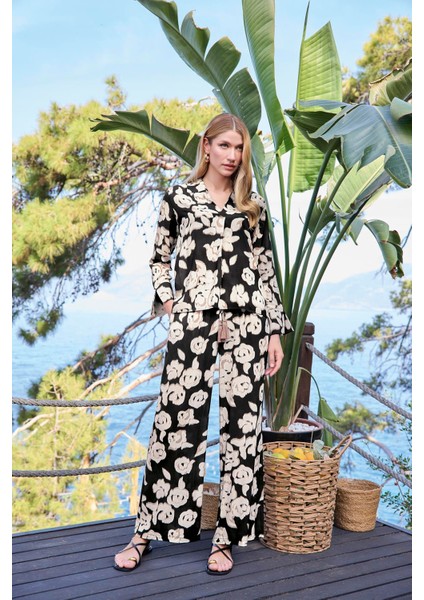 Kadın Desenli Önü Düğmeli Uzun Kollu Gömlek Yaka Alt Üst Takım 25060 indirimleri