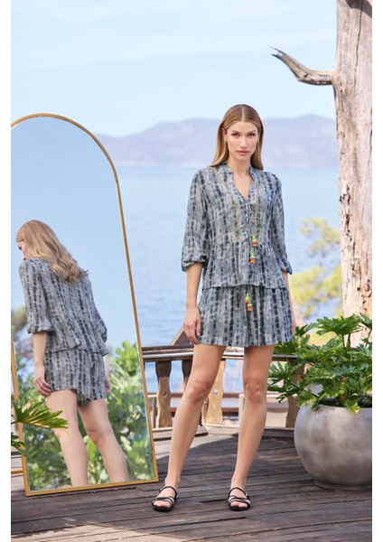 Kadın Desenli Truvakar Kollu V Yaka Alt Üst Takım 25044