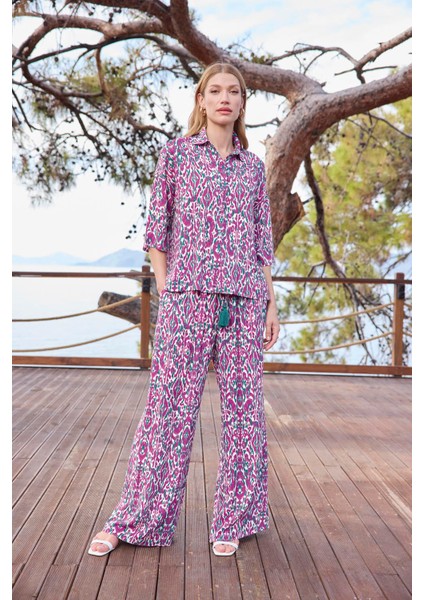 Kadın Desenli Önü Düğmeli Gömlek Yaka Alt Üst Takım 25017 fiyatları