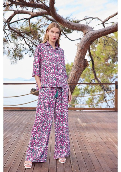 Kadın Desenli Önü Düğmeli Gömlek Yaka Alt Üst Takım 25017 fırsatları