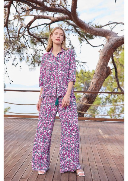 Kadın Desenli Önü Düğmeli Gömlek Yaka Alt Üst Takım 25017 indirimleri