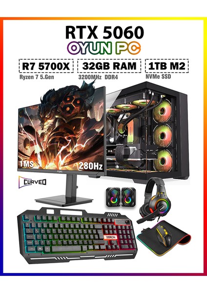 Warrior Eagle X55 Ryzen 7 5700X 32GB 1tb M.2 SSD RTX5060 27" 280Hz Sıvı Soğutmalı Oyuncu Bilgisayar
