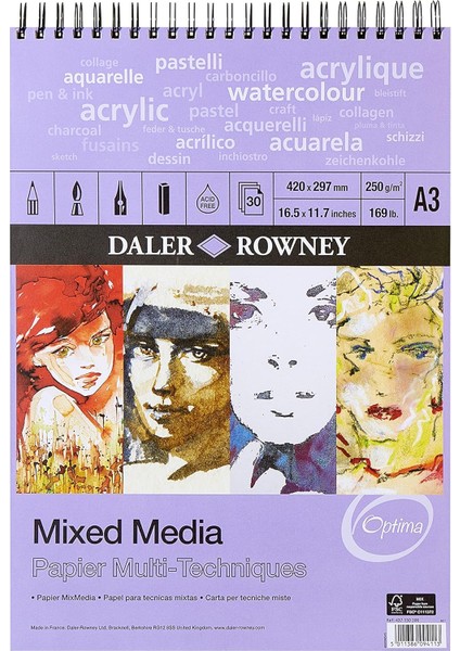 Rowney Optima Spiral Blok, Hafif Yapılandırılmış, 250 G/m², A3, 30 Beyaz Yaprak, Profesyonel Sanatçılar ve Öğrenciler Için Ideal