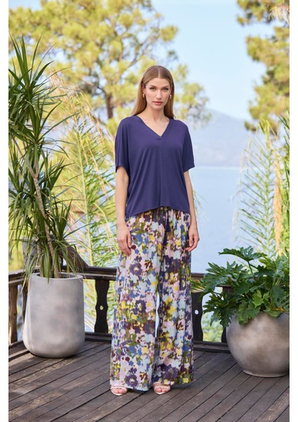 Kadın Desenli Kısa Kollu V Yaka Alt Üst Takım 25051