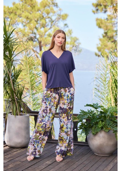 Kadın Desenli Kısa Kollu V Yaka Alt Üst Takım 25051 fiyatları