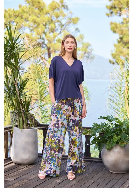 Kadın Desenli Kısa Kollu V Yaka Alt Üst Takım 25051 indirimleri