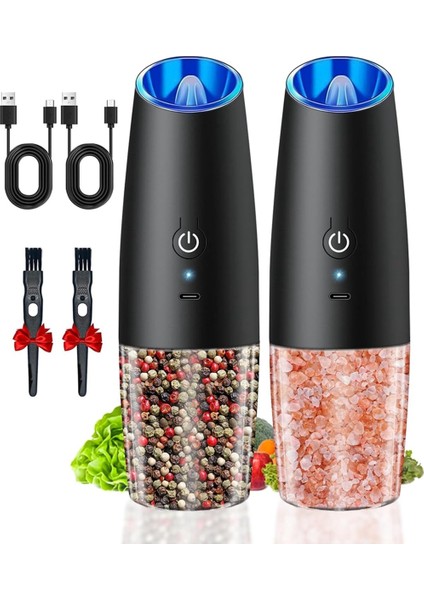 2 Adet Elektrikli Tuz ve Karabiber Öğütücü Seti USB Şarj Edilebilir LED Işıklı Otomatik Baharat Öğütücüler Abs (Yurt Dışından)