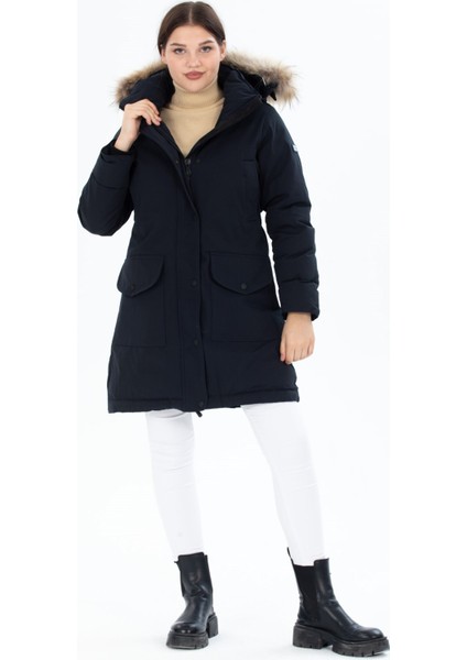 Kadın Uzun Çıkarılabilir Kürk Kapşonlu Dolgulu Rüzgara Dayanıklı Su Itici Şişme Mont 8645