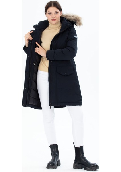 Kadın Uzun Çıkarılabilir Kürk Kapşonlu Dolgulu Rüzgara Dayanıklı Su Itici Şişme Mont 8645