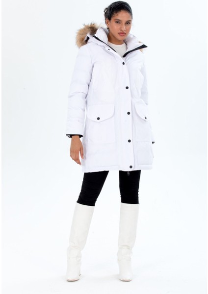 Kadın Uzun Çıkarılabilir Kürk Kapşonlu Dolgulu Rüzgara Dayanıklı Su Itici Şişme Mont 8645