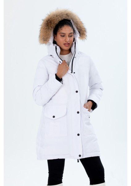 Kadın Uzun Çıkarılabilir Kürk Kapşonlu Dolgulu Rüzgara Dayanıklı Su Itici Şişme Mont 8645