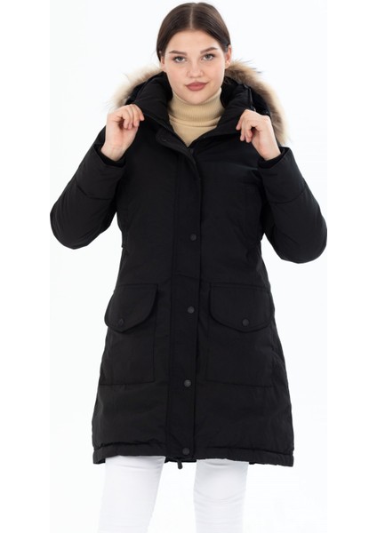 Kadın Uzun Çıkarılabilir Kürk Kapşonlu Dolgulu Rüzgara Dayanıklı Su Itici Şişme Mont 8645