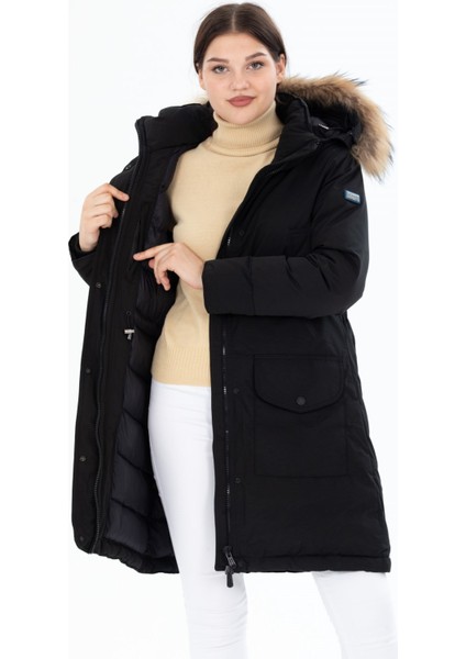 Kadın Uzun Çıkarılabilir Kürk Kapşonlu Dolgulu Rüzgara Dayanıklı Su Itici Şişme Mont 8645