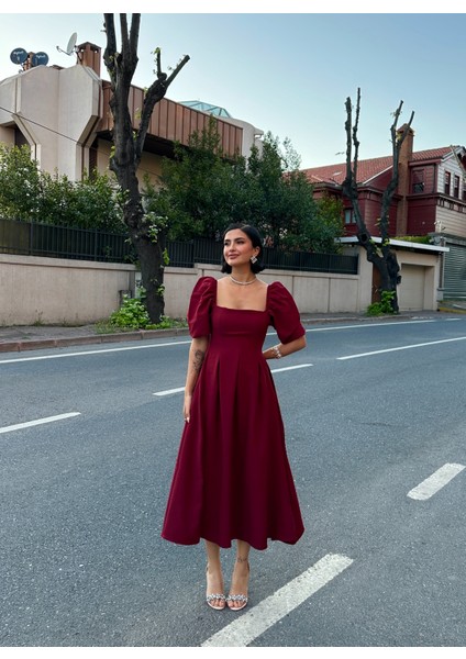 Karpuz Kol Kare Yaka Midi Elbise fiyatları