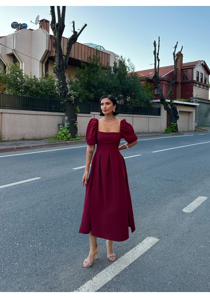 Karpuz Kol Kare Yaka Midi Elbise