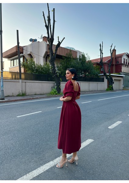 Karpuz Kol Kare Yaka Midi Elbise