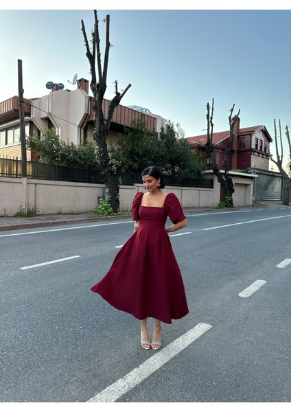 Karpuz Kol Kare Yaka Midi Elbise