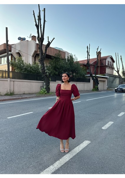 Karpuz Kol Kare Yaka Midi Elbise