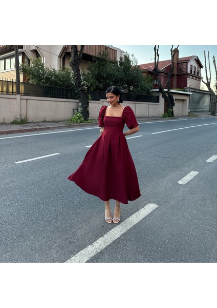 Karpuz Kol Kare Yaka Midi Elbise