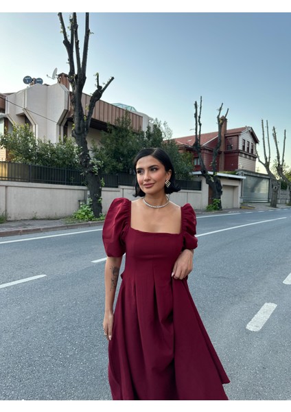 Karpuz Kol Kare Yaka Midi Elbise modelleri