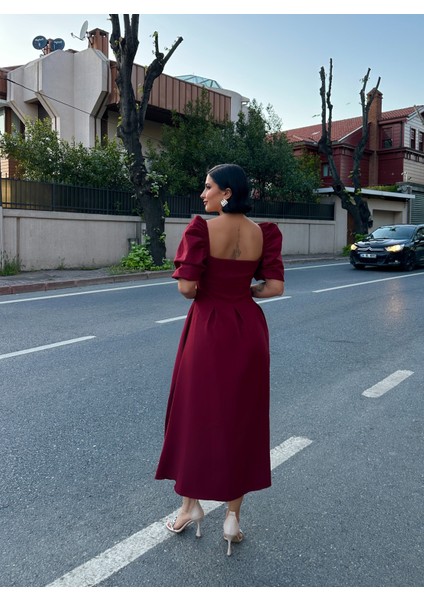 Karpuz Kol Kare Yaka Midi Elbise