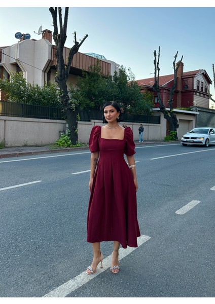 Karpuz Kol Kare Yaka Midi Elbise