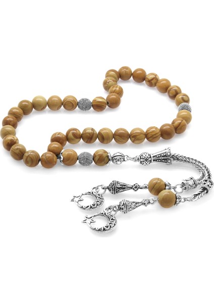 Kararmaz Metal Ayyıldız Püsküllü Küre Kesim Kahverengi Jasper Doğaltaş Tesbih