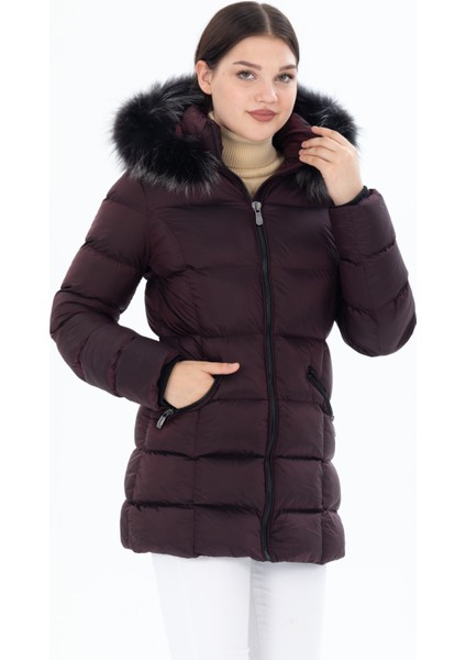 Kadın Uzun Çıkarılabilir Kürk Kapşonlu Dolgulu Rüzgara Dayanıklı Su Itici Şişme Mont 8651